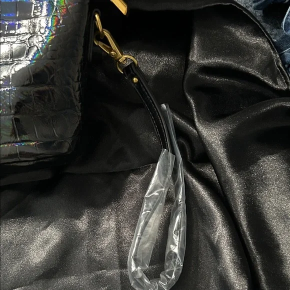 Sharif Black Iridescent Croc-Embossed Leather Bag NWT - Picture 4 of 16